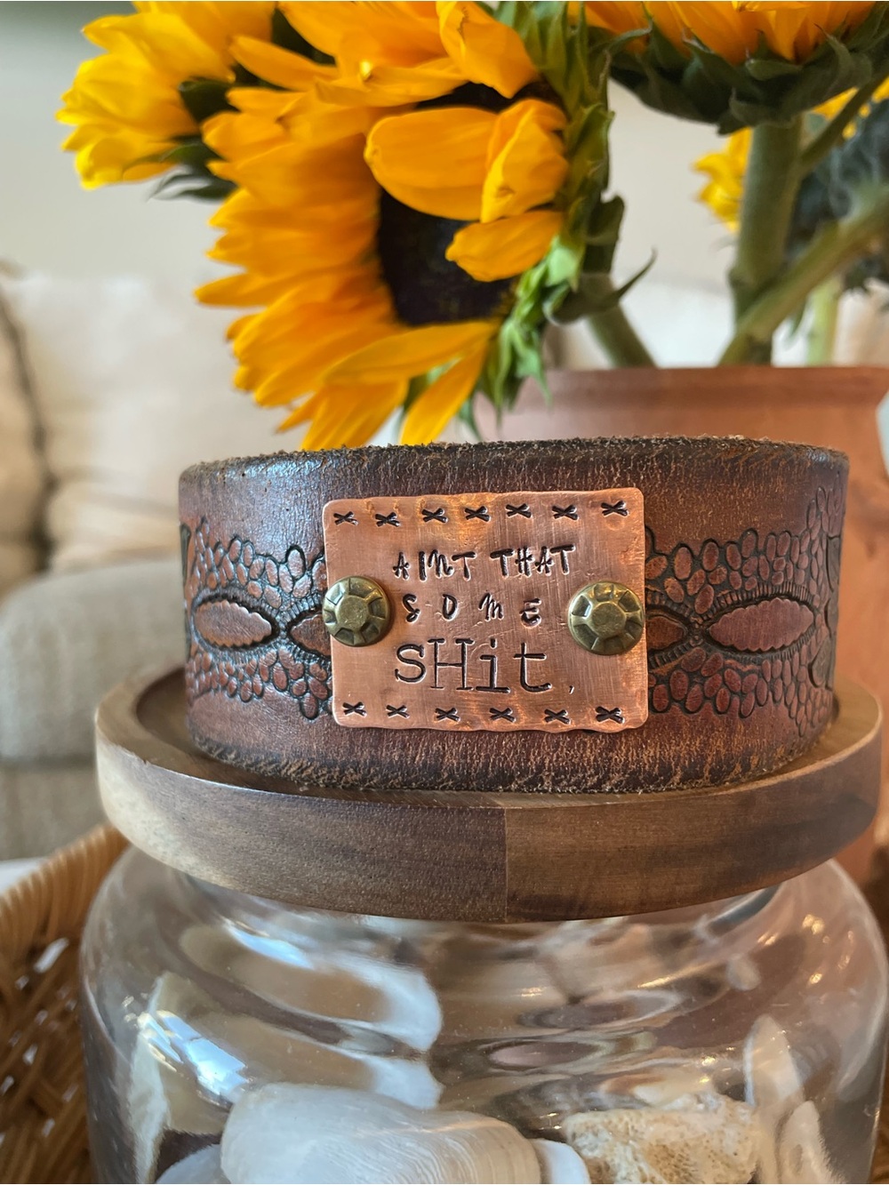 Handmade Brown Leather Bracelet with Copper Plate Accent
